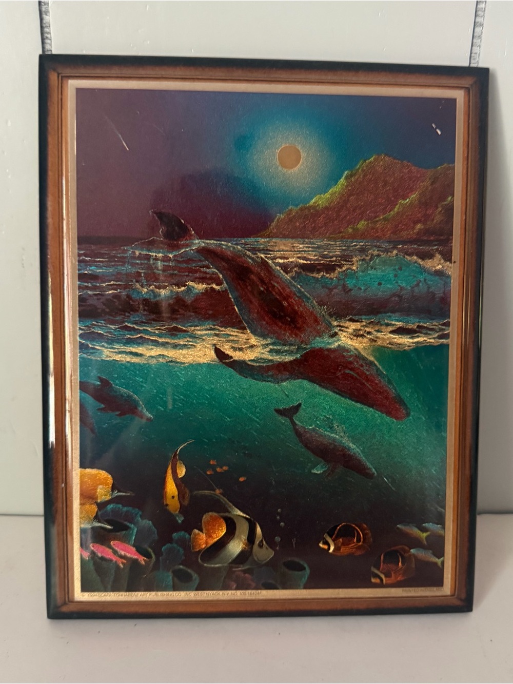 Vintage 1994 Christian Riese Lassen Holographic Whale Foil Art Print On Wood